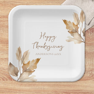 Modern Watercolor Leaf Thanksgiving Paper Plate