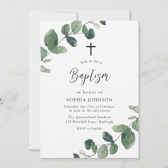 Modern Watercolor Leaves Boy or Girl Baptism Invitation (Front)