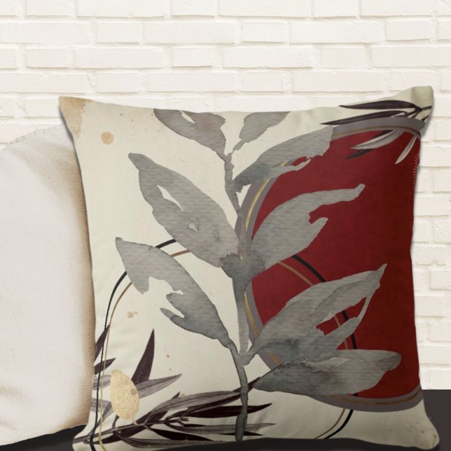 Modern Watercolor Leaves | Burgundy & Cream Throw Pillow (Creator Uploaded)