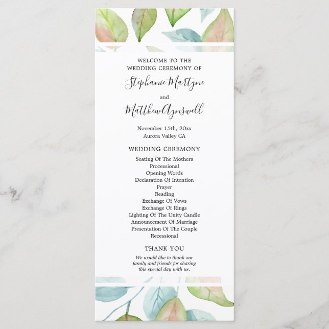 Modern Watercolor Leaves Foliage Wedding Ceremony Program (Front)
