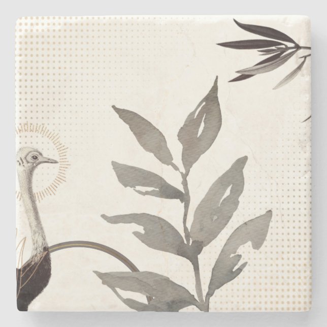 Modern Watercolor Leaves Ostrich | Ivory Stone Coaster (Front)