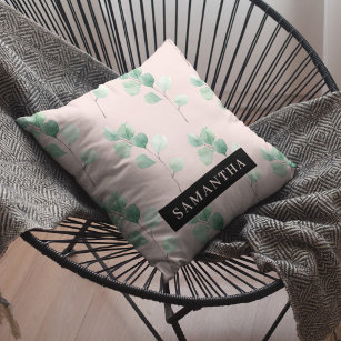 Modern Watercolor Leaves Pattern With Name Outdoor Pillow