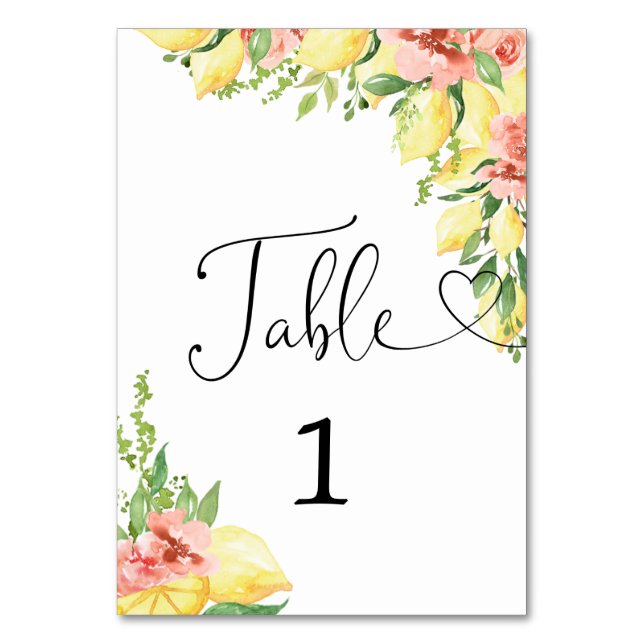 Modern Watercolor Lemon Floral Bridal Shower Table Number (Front)