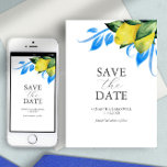 Modern Watercolor Lemon Mediterranean Save The Date<br><div class="desc">Announce your engagement with this modern save the date card. It features a mix of classic and script typography with a boarder of my original watercolor yellow lemons with blue embellishments on a crisp white background. Use the template fields to personalize with your name and wedding date. Choose from a...</div>