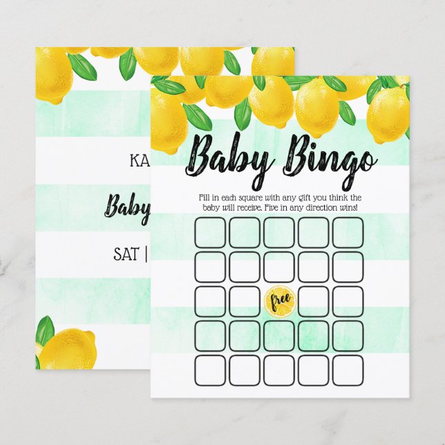 Modern Watercolor Lemon Tree Baby Shower Bingo (Front/Back)