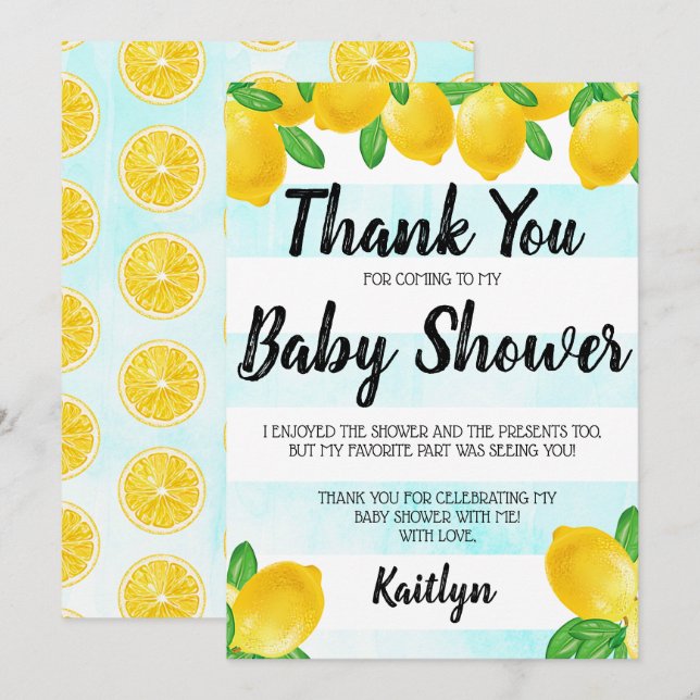 Modern Watercolor Lemon Tree Baby Shower Thank You Card (Front/Back)