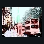 Modern Watercolor London Street Scene Pop Art Poster<br><div class="desc">A cool colorful watercolor pop art adaptation of a photograph depicting an ordinary mundane everyday street scene in the city of London England United Kingdom complete with iconic phone box and double decker bus.  The colors are soft pastel shades of blue,  green,  orange,  yellow,  pink and red.</div>