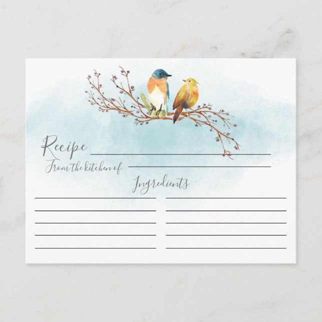 Modern Watercolor Love Birds Recipe Card (Front)