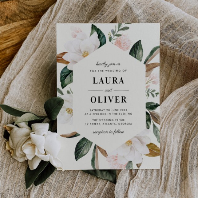 modern watercolor magnolia floral wedding invitation (Creator Uploaded)