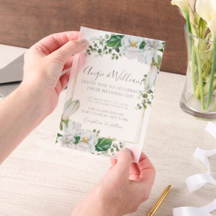 Modern Watercolor Magnolia Wedding Vellum Invitations