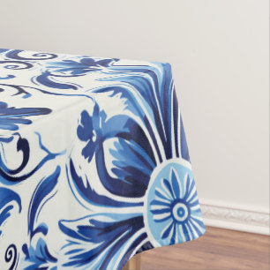 Modern Watercolor Mediterranean  Blue Tiles  Tablecloth