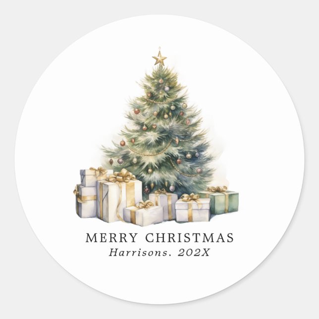 Modern Watercolor Merry Christmas Tree Classic Round Sticker (Front)