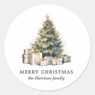 Modern Watercolor Merry Christmas Tree Classic Round Sticker