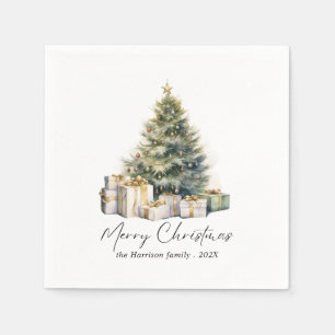 Modern Watercolor Merry Christmas Tree  Napkin