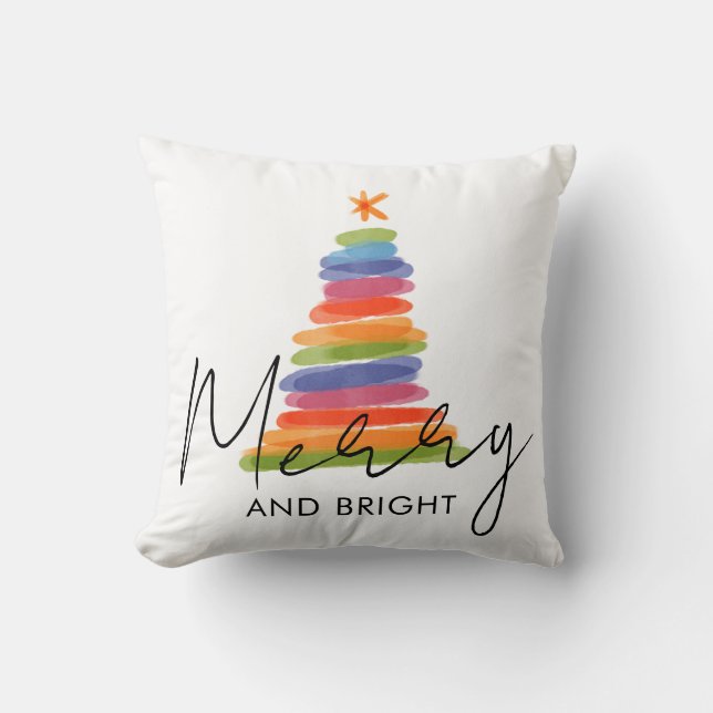 Modern Watercolor Merry Christmas Tree Throw Pillow (Front)