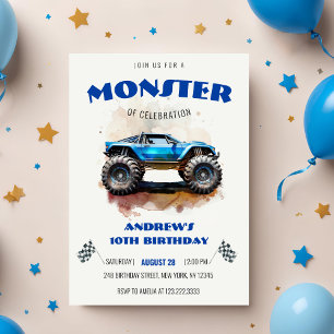 Modern Watercolor Monster Truck Blue Boy Birthday  Invitation