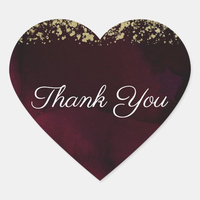 Modern Watercolor Moody Maroon & Gold Wedding Heart Sticker (Front)