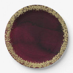 Modern Watercolor Moody Maroon & Gold Wedding Paper Plate