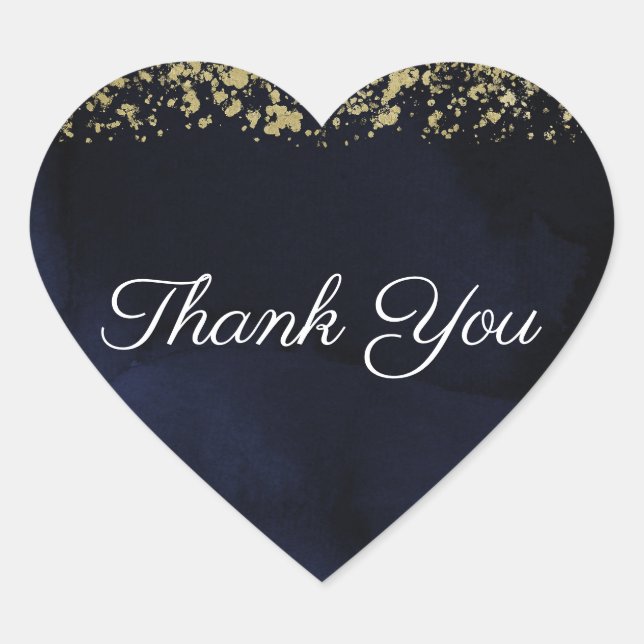 Modern Watercolor Moody Navy Blue & Gold Wedding Heart Sticker (Front)