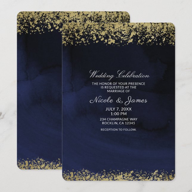 Modern Watercolor Moody Navy Blue & Gold Wedding Invitation (Front/Back)