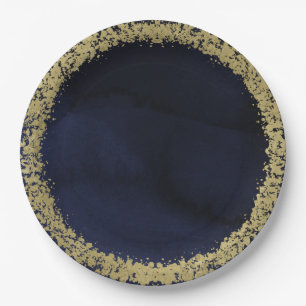 Modern Watercolor Moody Navy Blue & Gold Wedding Paper Plate