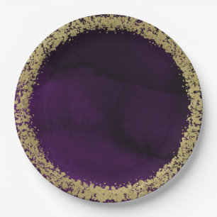 Modern Watercolor Moody Purple & Gold Wedding Paper Plate