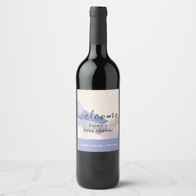 Modern Watercolor Mountain Baby Shower Welcome Wine Label (Front)