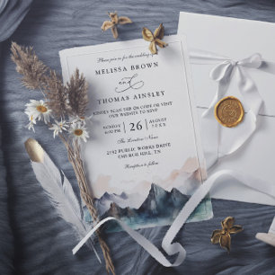 Modern Watercolor Mountain Forest QR Code Wedding Invitation