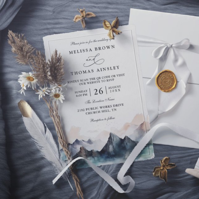 Modern Watercolor Mountain Forest QR Code Wedding Invitation (Creator Uploaded)