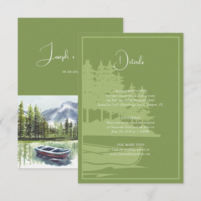 Modern Watercolor Mountain Lake Wedding Details Enclosure Card (Front/Back)