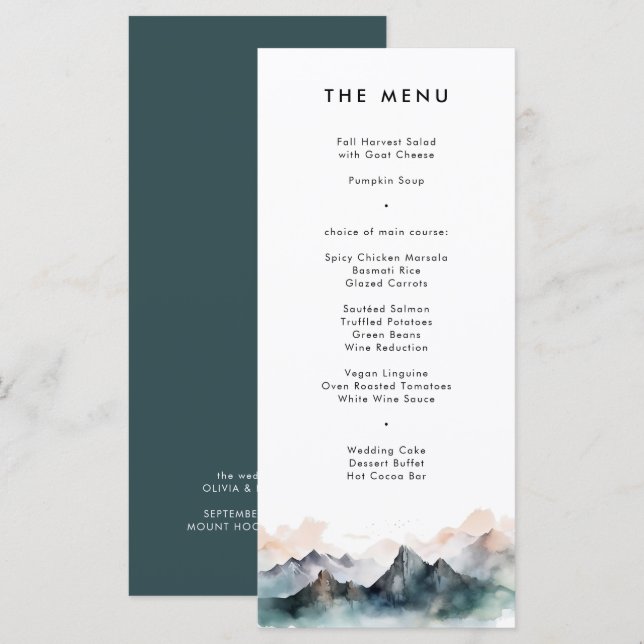 Modern Watercolor Mountain Landscape Wedding  Menu (Front/Back)