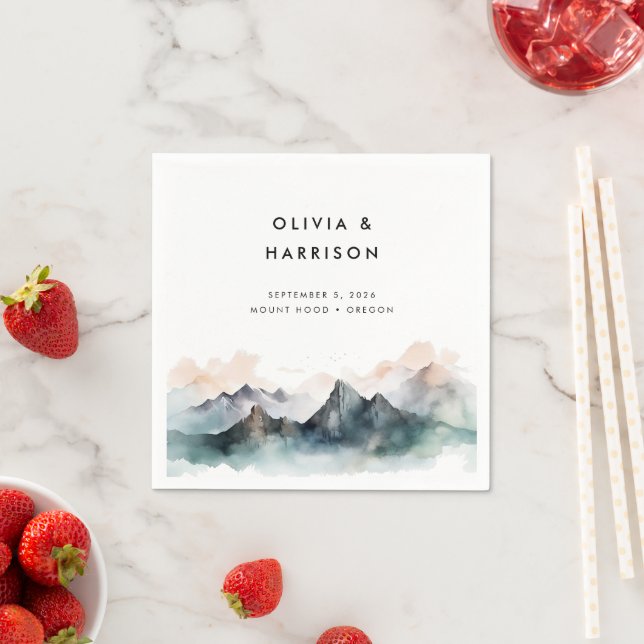 Modern Watercolor Mountain Landscape Wedding Napkin (Insitu)