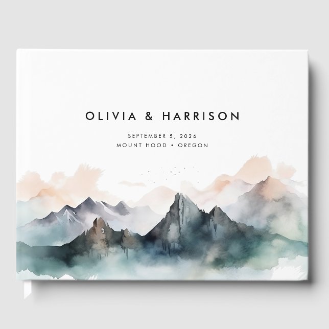 Modern Watercolor Mountain Range Landscape Wedding Guest Book (Front)