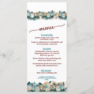 Modern Watercolor Mountain Wedding Menu 4 x 9
