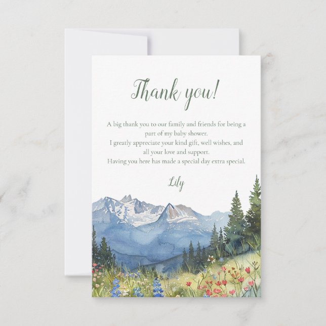 Modern Watercolor Mountain Wildflower Baby Shower Thank You Card (Front)