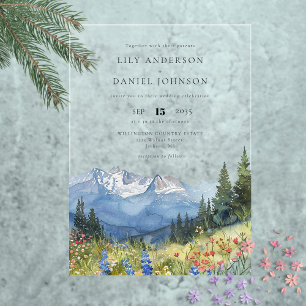 Modern Watercolor Mountain Wildflower Wedding Acrylic Invitations