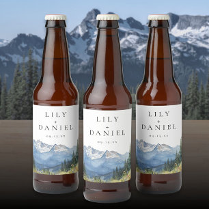 Modern Watercolor Mountain Wildflower Wedding Beer Bottle Label