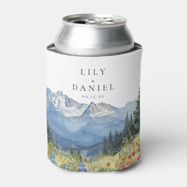 Modern Watercolor Mountain Wildflower Wedding Can Cooler (Can Front)