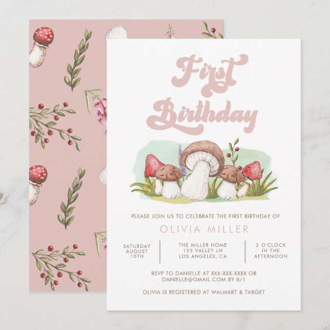 Modern Watercolor Mushroom Birthday Invitation (Front/Back)
