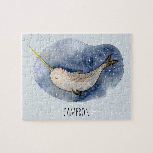 Modern Watercolor Narwhal Blue Ocean Personalized Jigsaw Puzzle (Horizontal)