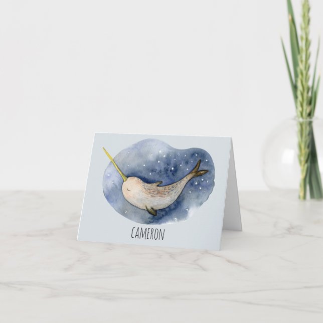 Modern Watercolor Narwhal Blue Ocean Personalized Note Card (Front)