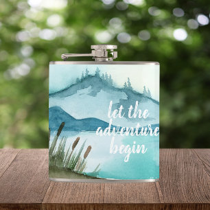 Modern Watercolor Nature Let's The Adventure Begin Hip Flask