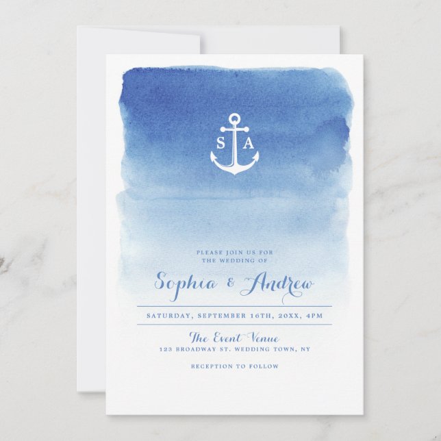 Modern watercolor nautical anchor beach wedding invitation (Front)