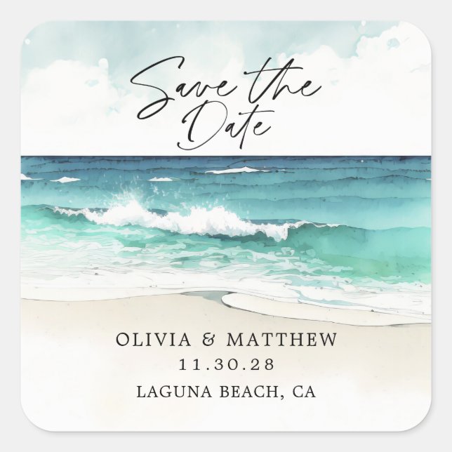 Modern Watercolor Ocean Beach Save the Date  Square Sticker (Front)