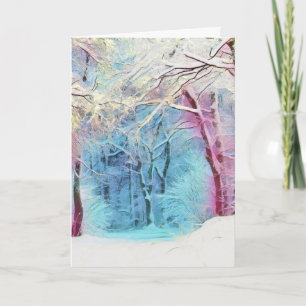 Modern watercolor of colored snowed trees card