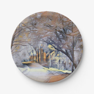 Modern watercolor of colored snowed trees paper plate