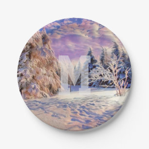 Modern watercolor of colored snowed trees paper plate