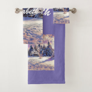 Modern watercolor of coloured snowed trees bath towel set