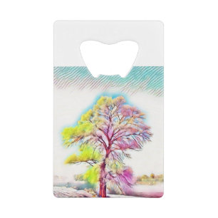 Modern watercolor of coloured snowed trees credit card bottle opener