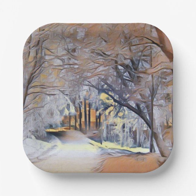 Modern watercolor of coloured snowed trees paper plate (Front)